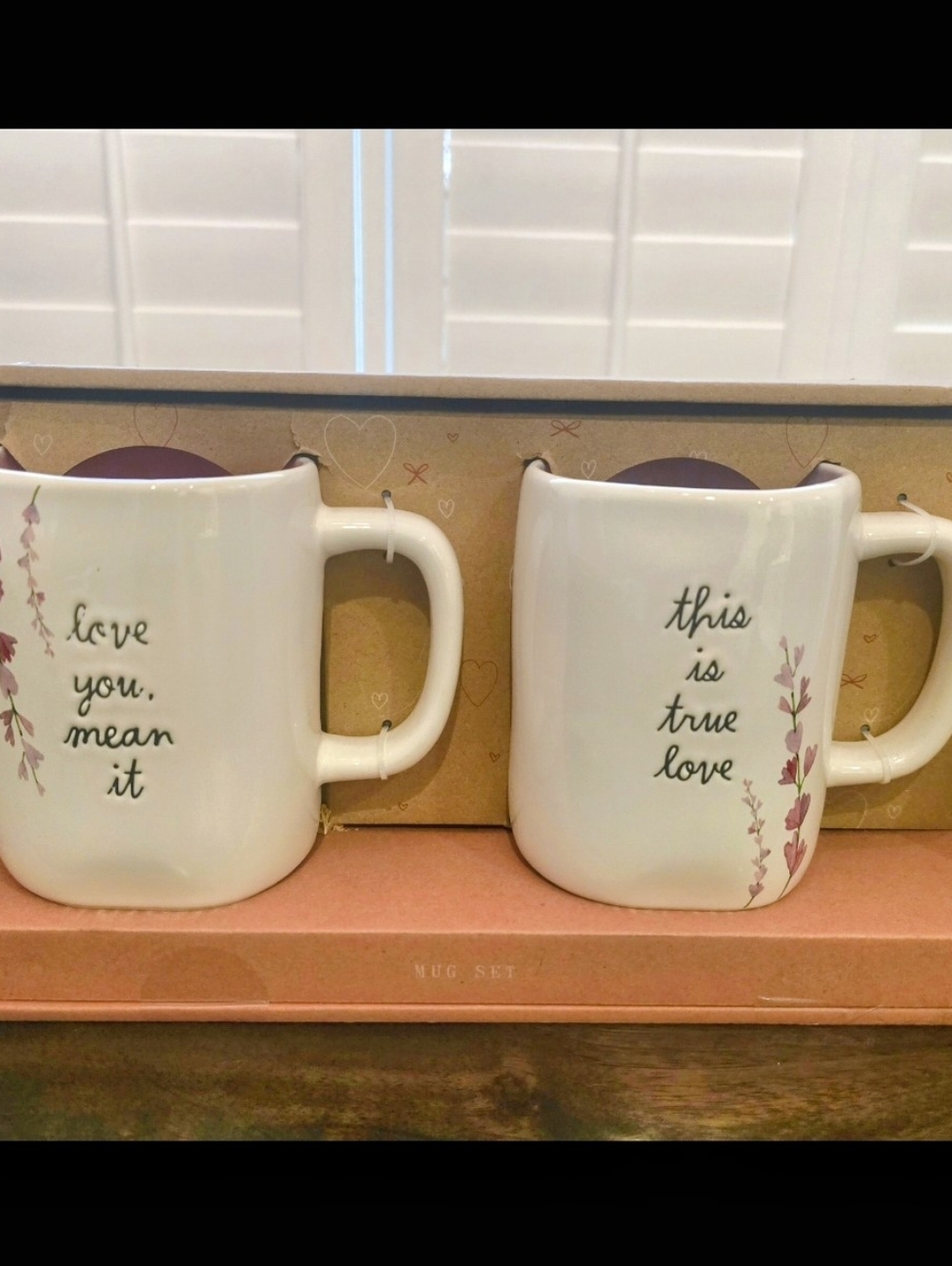 Rae Dunn White Mugs Set with Lavender Script and Sprig Detail